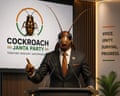 An AI-generated illustration shows a person in a suit with the head and antennae of a cockroach speaking from a podium. Behind the figure is the logo of the party, with a cockroach in an orange and green circle and the slogan: Together, Resilient, Unstoppable. Another sign in the image reads: Voice, Unity, Survival, Progress.
