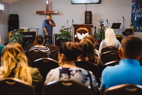 Pastor Jorge Tovar preaches during a Sunday service at Jordan River church in Laredo, Texas.