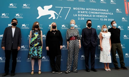 Venice film festival president Cate Blanchett, middle, with jury members Nicola Lagioia, Joanna Hogg, Veronika Franz, Matt Dillon, Ludivine Sagnier and Christian Petzold kick off the 2020 event.