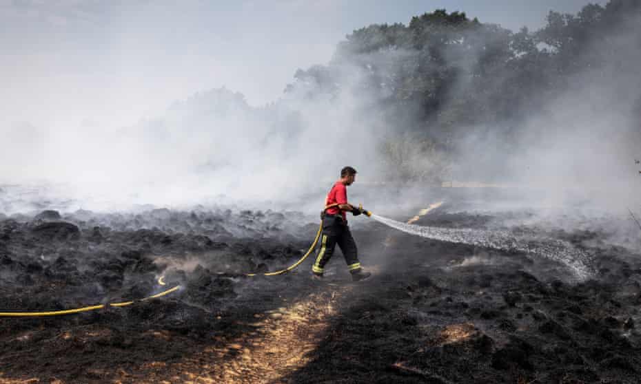 A fireman hoses down smoking undergrowth on Wanstead Flats, east London, after a fire in 2018