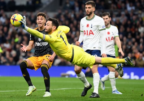 Hugo Lloris makes a save against Leeds at the Tottenham Hotspur Stadium. Spurs came from behind three times to win 4-3.