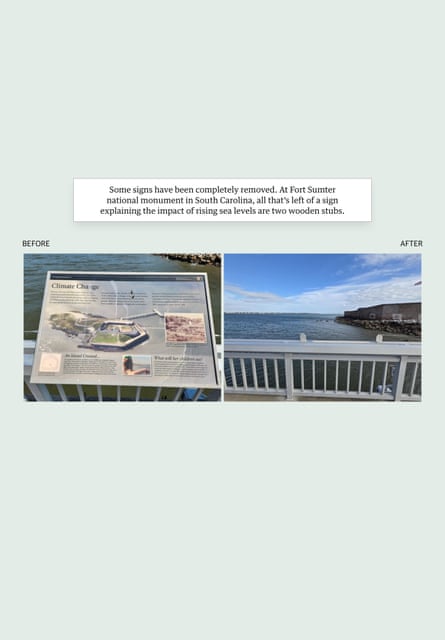 Before and after of a sign explaining the impact of rising sea levels at Fort Sumter national monument in South Carolina – all that’s left are two wooden stubs. Guardian Design