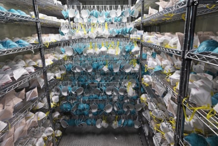 Protective masks hang in a decontamination unit in Somerville, Massachusetts.