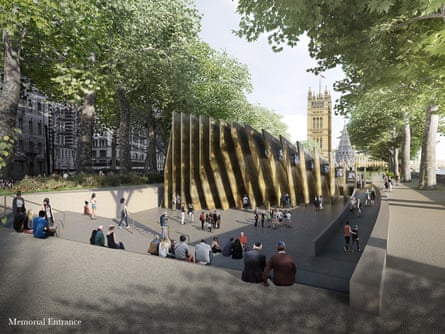 Artist impression of the Holocaust memorial in central London, with the Tower of Westminster in the background.