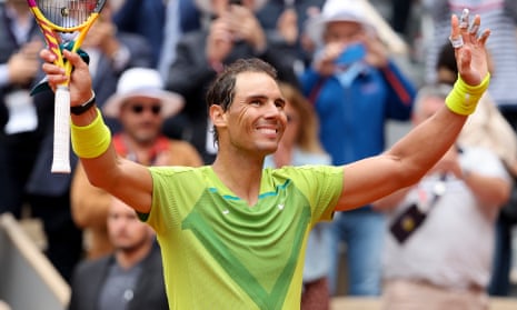Rafael Nadal celebrates his first-round victory at the French Open on Monday.