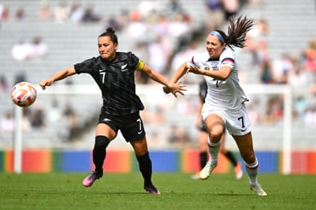 Ali Riley (left) playing for New Zealand against the US, where she was born, in 2023.