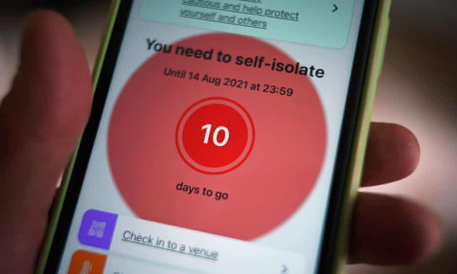 A message to self-isolate, with ten days of required self-isolation remaining, displayed on the NHS coronavirus contact tracing app on a mobile phon