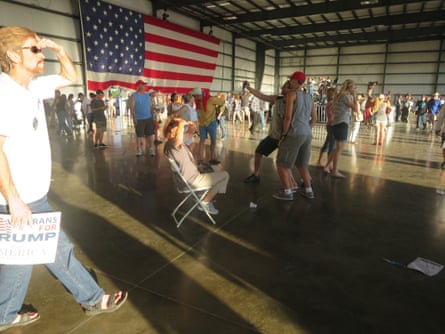 Supporters assemble in the hangar prior to Trump’s arrival at the rally in Sacramento, California, on 1 June