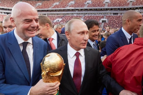 ‘There can be no normal sporting relations with an abnormal regime like that of Vladimir Putin.’ Fifa President Gianni Infantino and Putin in Moscow during the 2017 World Cup trophy tour.