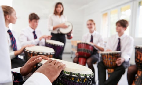 Teenage students studying percussion in music class