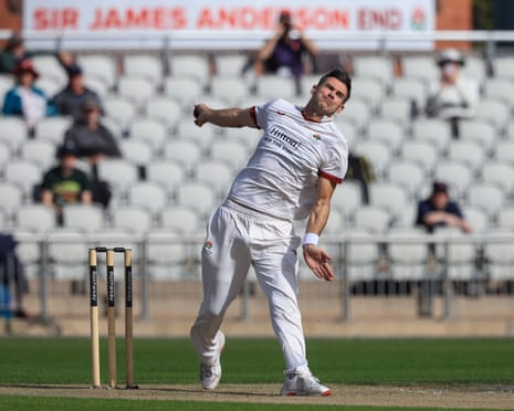 James Anderson of Lancashire bowls at Old Trafford