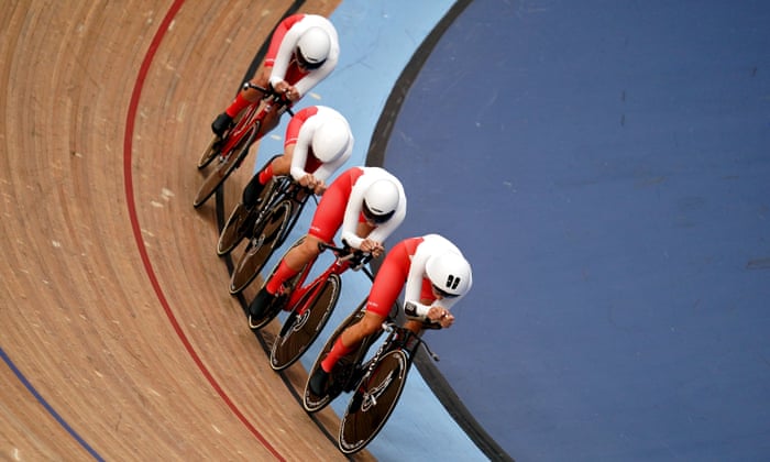 England's Laura Kenny, Josie Knight, Maddie Leech and Sophie Lewis in action during the women's 4000m team pursuit qualifying heat.