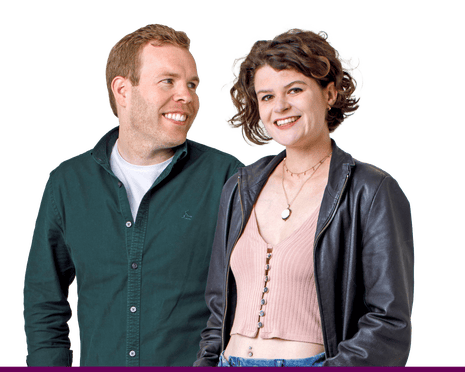 Composite of white man in dark shirt and white woman in leather jacket with tousled short hair, both smiling