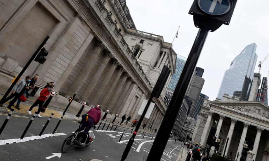 View of the Bank of England and the street outside, shot with the camera at an angle
