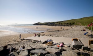 Whitesands Bay beach near St David’s Pembrokeshire, Wales. Summer day, blue sky.