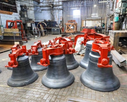 Large bells on the shop floor in the workshop of a bellfoundry.