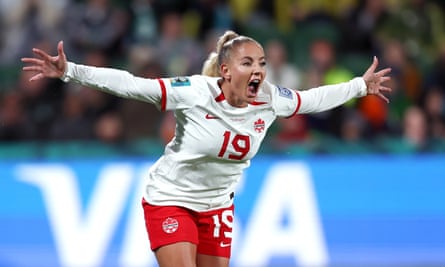 Adriana Leon celebrates after making it 2-1 to Canada early in the second half.