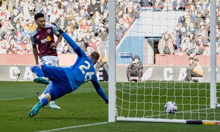 Ollie Watkins scores Aston Villa’s first goal past Nottingham Forest goalkeeper Matz Sels.