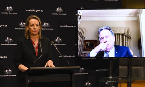 Environment minister Sussan Ley at a lectern with Graeme Samuel on a video screen behind her