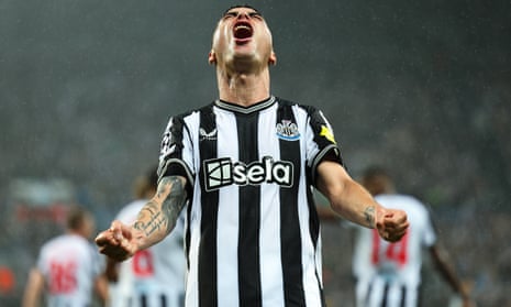 Miguel Almiron of Newcastle United celebrates after scoring a goal to make it 1-0 during the UEFA Champions League match between Newcastle United FC and Paris Saint-Germain.