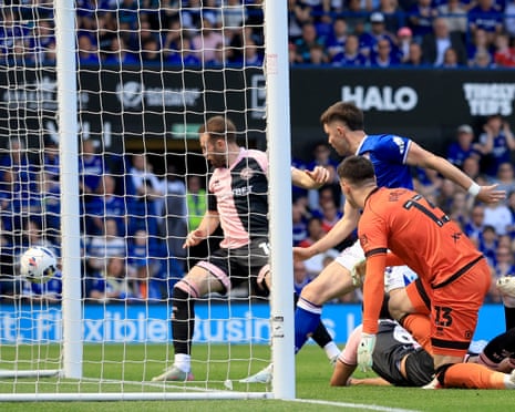 Ipswich Town’s George Hirst (centre, in blue) prods the ball home from close range to open the scoring.