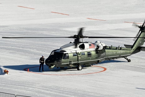 The Marine One helicopter, carrying US President Donald Trump, arrives at Davos.