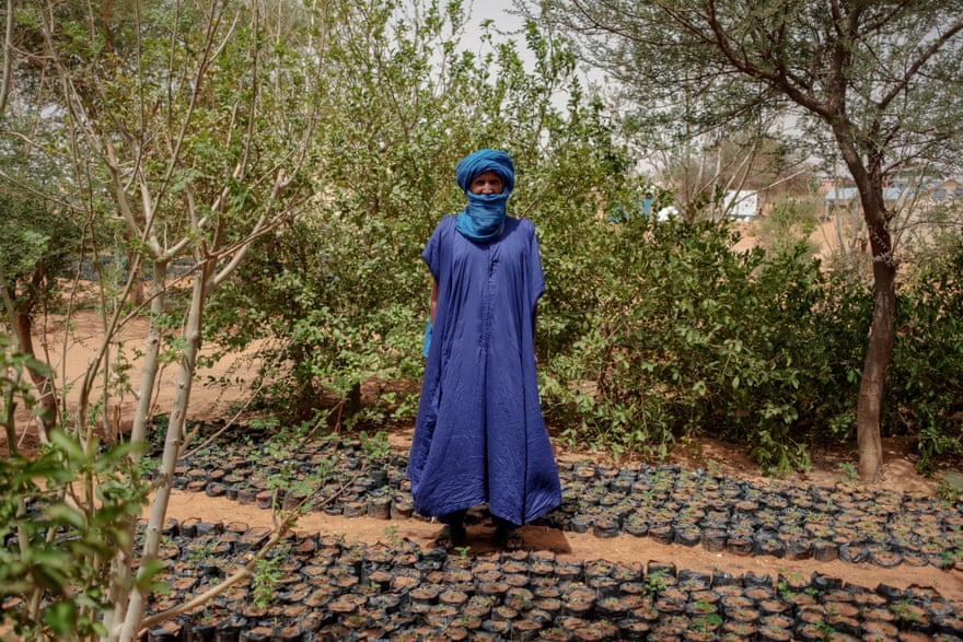Ahmedou Ould Boukhary, a founder of the 200-strong Anti-Fire Brigade who organises training for its members, at a tree nursery in the camp. A key method by which the community prevent bushfires is the creation of fire-breaks cleared of plant debris and other vegetation.