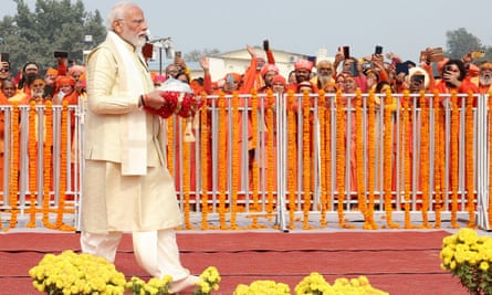Narendra Modi carries an offering to officially consecrate the Ram temple in Ayodhya, in India’s Uttar Pradesh state, in January