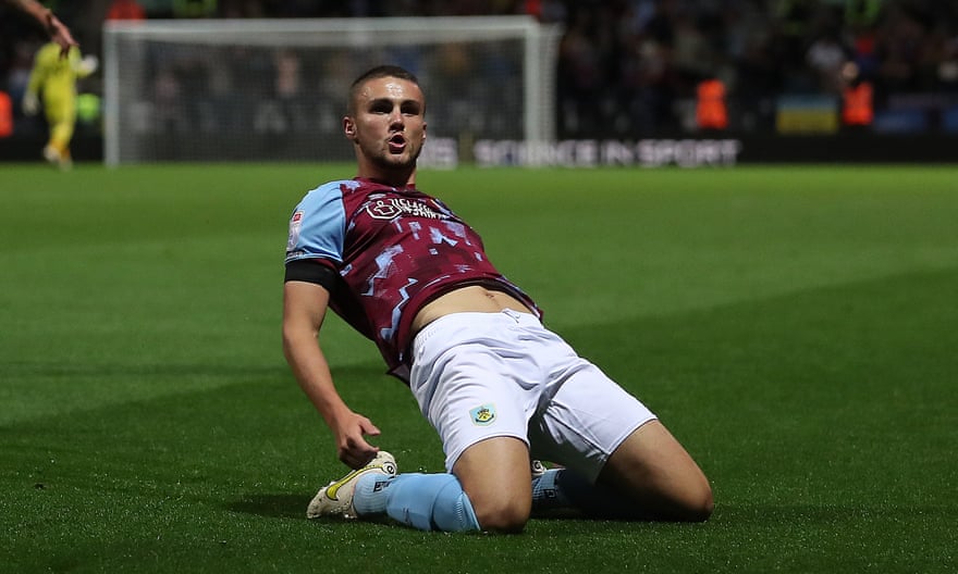Taylor Harwood-Bellis celebrates scoring for Burnley in the derby with Preston.