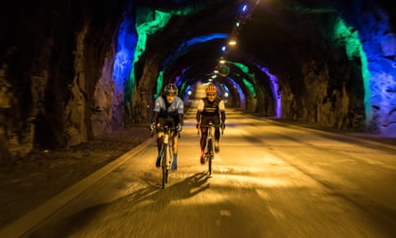 Riding through one of the tunnels.