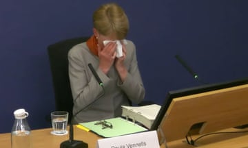 Former Post Office boss Paula Vennells using a tissue to wipe her eyes whilst becoming tearful giving evidence to the inquiry.