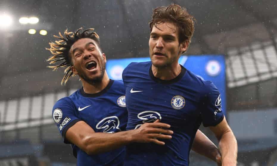 Reece James (left) congratulates Marcos Alonso after he scored a late winner for Chelsea.