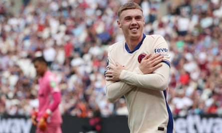 Cole Palmer celebrates after scoring Chelsea’s third.