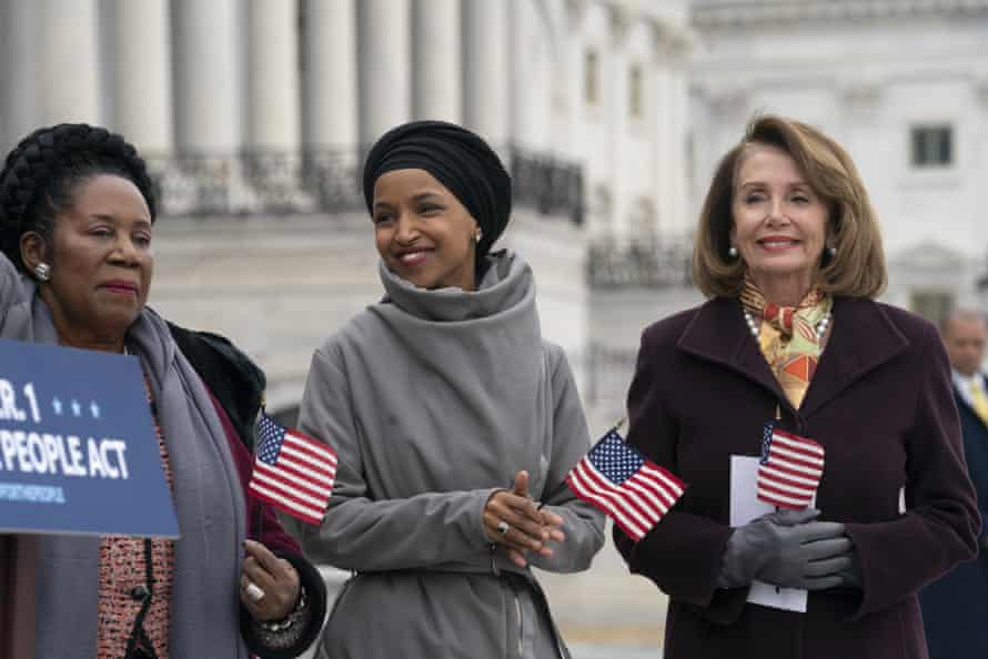 Ilhan Omar, with Democratic representative Sheila Jackson Lee and Nancy Pelosi outside the Capitol.