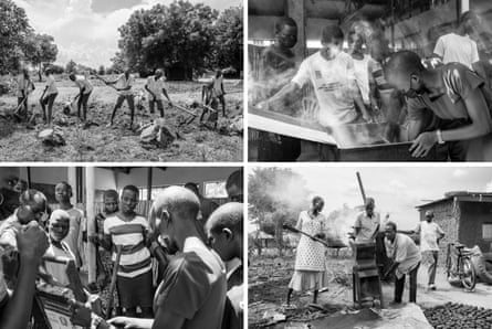 a composite image showing scenes of people working in a field and making briquettes