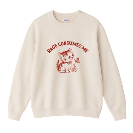 White sweatshirt with cartoon kitten and the words Rage Consumes Me in red