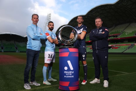 Aziz Behich of Melbourne City, Melbourne City coach, Aurelio Vidmar, Head coach of the Victory, Arthur Diles and Roderick Miranda of the Victory during a media opportunity ahead of the 2025 A-League Grand Final, at AAMI Park on May 28, 2025 in Melbourne, Australia.