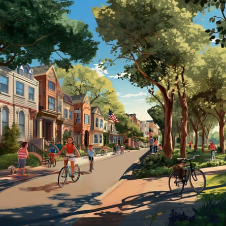 A brightly colored, photorealistic illustration of a car-less avenue lined on one side by homes and the other by trees. Lots of people and bikes.