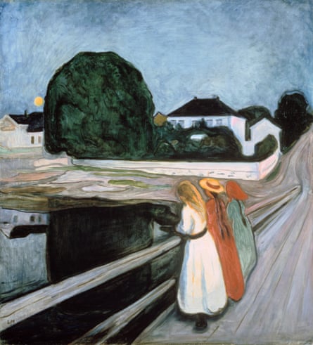 A painting of three girls on a bridge