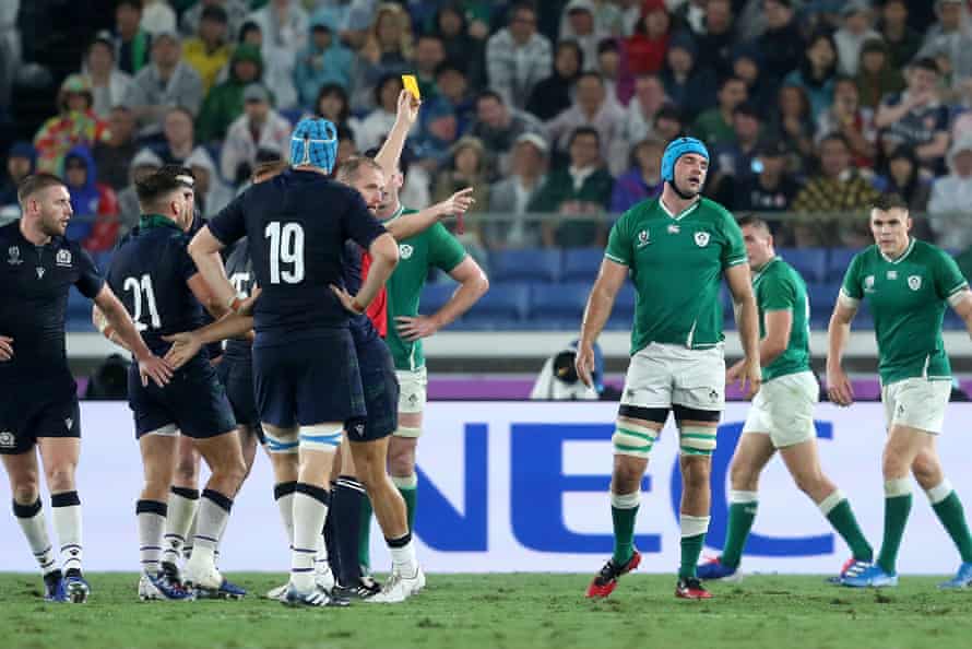 Ireland’s Tadhg Beirne is shown a yellow card by referee Wayne Barnes.