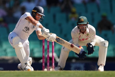 Jacob Bethell bats during day five of the fifth Ashes Test.