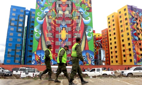 Buildings painted by Roberto Mamani which were built under a Bolivian housing programme in La Paz
