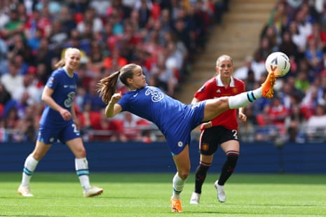 Chelsea v Manchester United: Women’s FA Cup final – live | Women's FA Cup 1 Guro Reiten controls a pass for Chelsea.