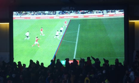Nottingham Forest fans react as the Video Assistant Referee disallows a goal by Sam Surridge of Nottingham Forest during the Carabao Cup Semi Final 1st Leg match between Nottingham Forest and Manchester United.