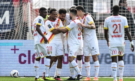 Lens forward Loïs Openda (second left) celebrates with teammates after scoring against Clermont Foot.
