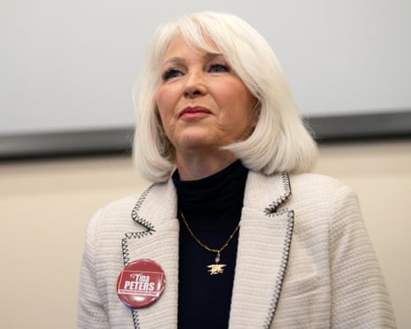 Tina Peters speaks during a debate for the state leadership position Saturday in Hudson, Colorado, 25 February 2023.
