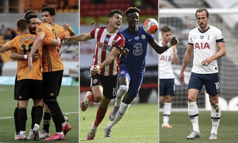 The Wolves’ players celebrate a goal, Sheffield United’s John Egan in action with Chelsea’s Tammy Abraham and Spurs’ Harry Kane. Photographs: AP, Getty and NMC Pool. Composite: Jim Powell