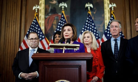 Nancy Pelosi speaks at a news conference to announce articles of impeachment against Donald Trump on 10 December.