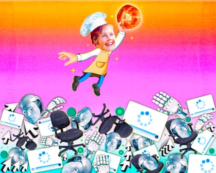 woman in a baker’s hat flying over desks, computers and chairs, holding a pastry