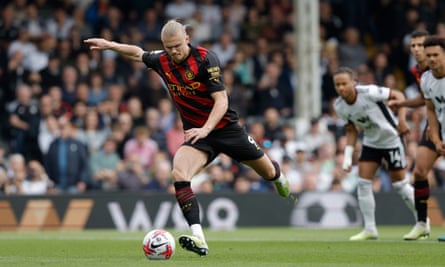 Precision and power – Haaland opens the scoring from the penalty spot in Manchester City’s win at Fulham in late April.